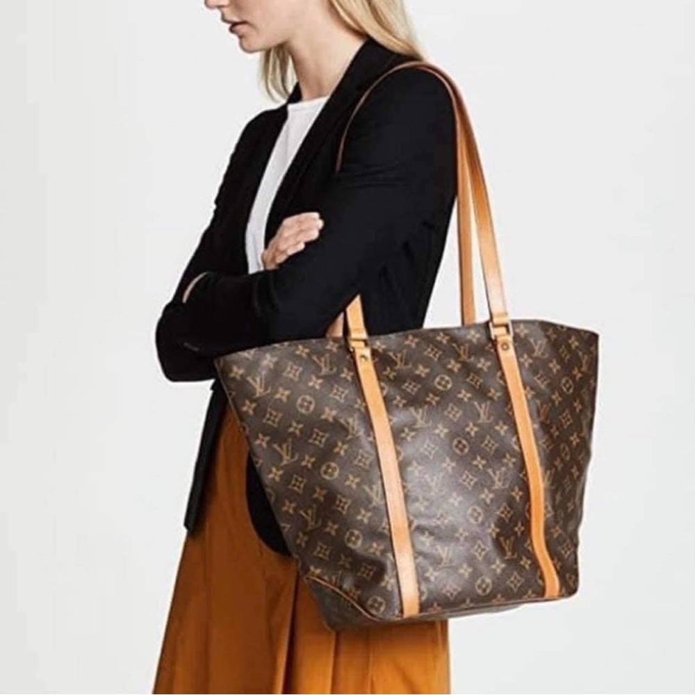 Louis Vuitton Brown Monogram Canvas Tote with Tan Leather Straps